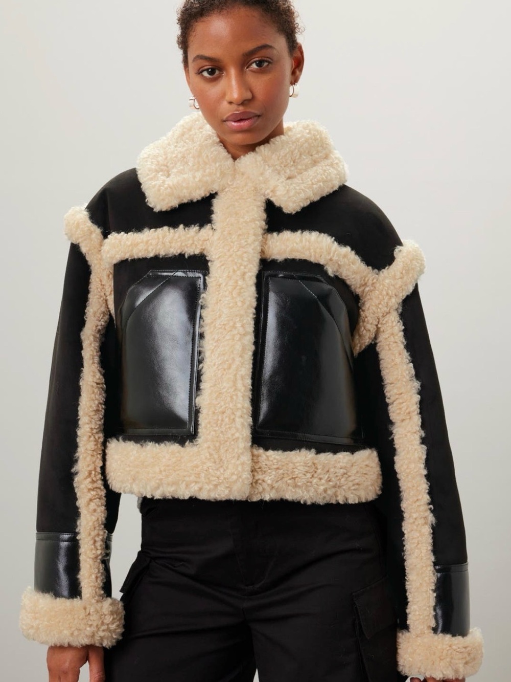 Stand Studio Black Jacket with Cream -greyish Shearling Trim